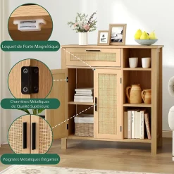 Buffet Bas Salle A Manger en Rotin pour Cuisine avec Tiroir, Cubes, Étagère Réglable, Porte en Rotin Naturel, 75 x 30 x 80 cm