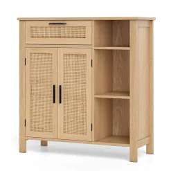 Buffet Bas Salle A Manger en Rotin pour Cuisine avec Tiroir, Cubes, Étagère Réglable, Porte en Rotin Naturel, 75 x 30 x 80 cm