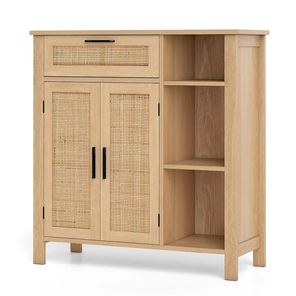 Buffet Bas Salle A Manger en Rotin pour Cuisine avec Tiroir, Cubes, Étagère Réglable, Porte en Rotin Naturel, 75 x 30 x 80 cm
