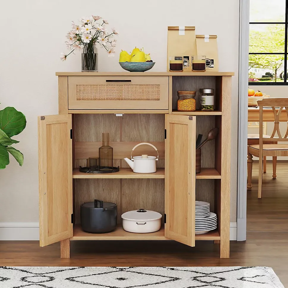 Buffet Bas Salle A Manger en Rotin pour Cuisine avec Tiroir, Cubes, Étagère Réglable, Porte en Rotin Naturel, 75 x 30 x 80 cm