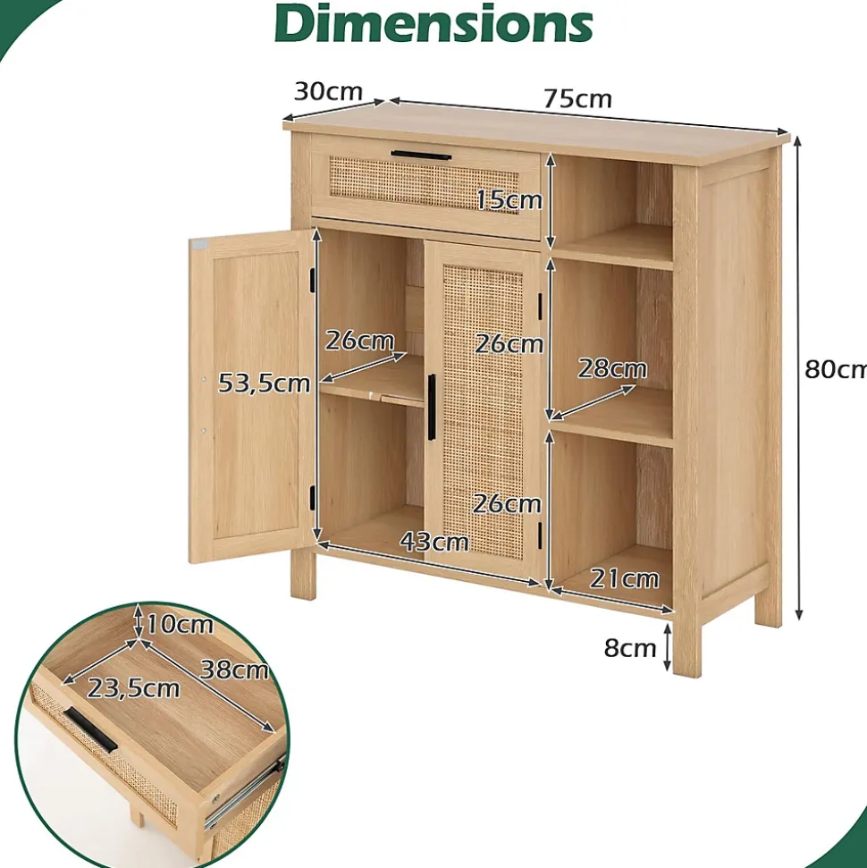 Buffet Bas Salle A Manger en Rotin pour Cuisine avec Tiroir, Cubes, Étagère Réglable, Porte en Rotin Naturel, 75 x 30 x 80 cm