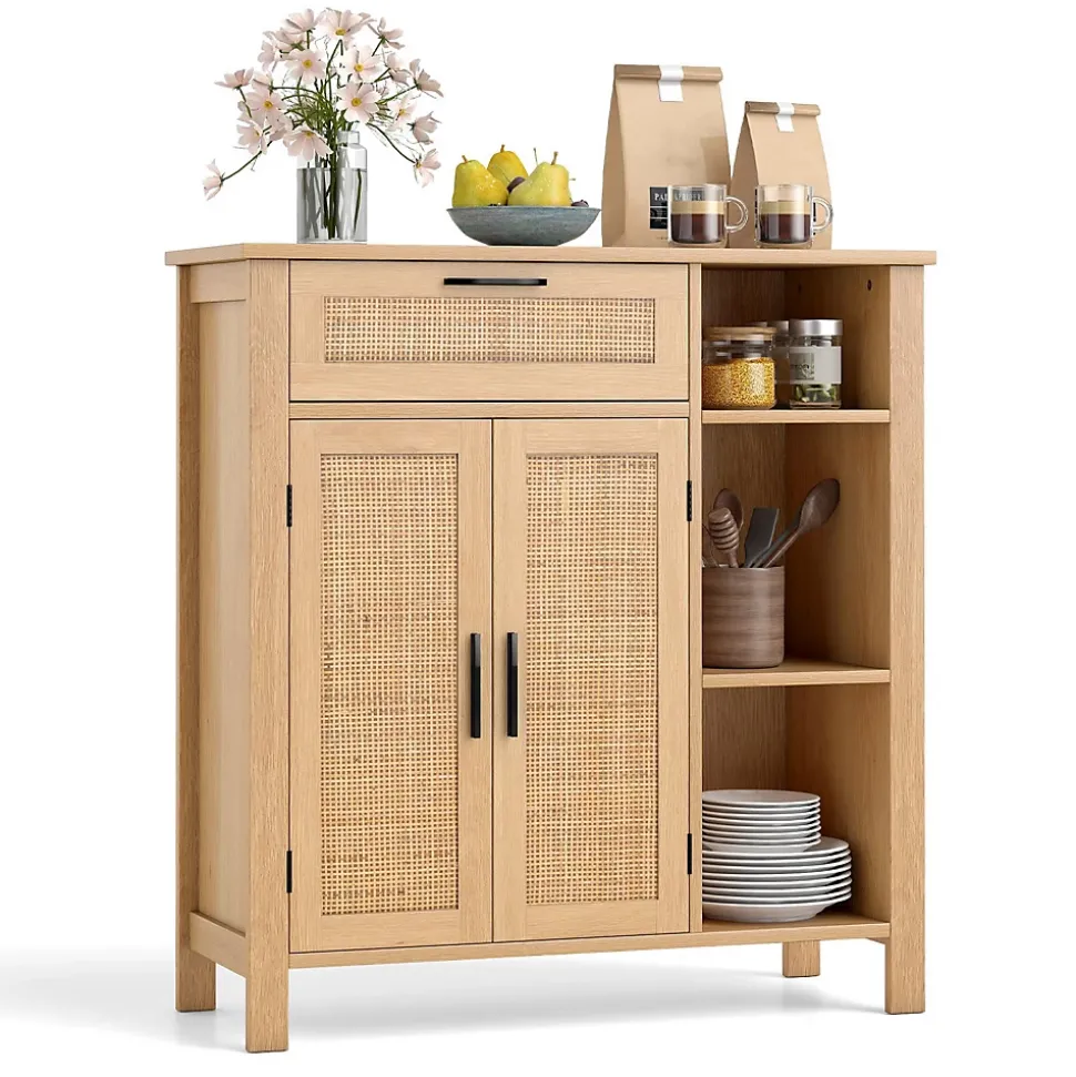 Buffet Bas Salle A Manger en Rotin pour Cuisine avec Tiroir, Cubes, Étagère Réglable, Porte en Rotin Naturel, 75 x 30 x 80 cm