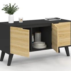 Buffet bas scandinave 113 cm FINN 3 portes noir et bois façon hêtre