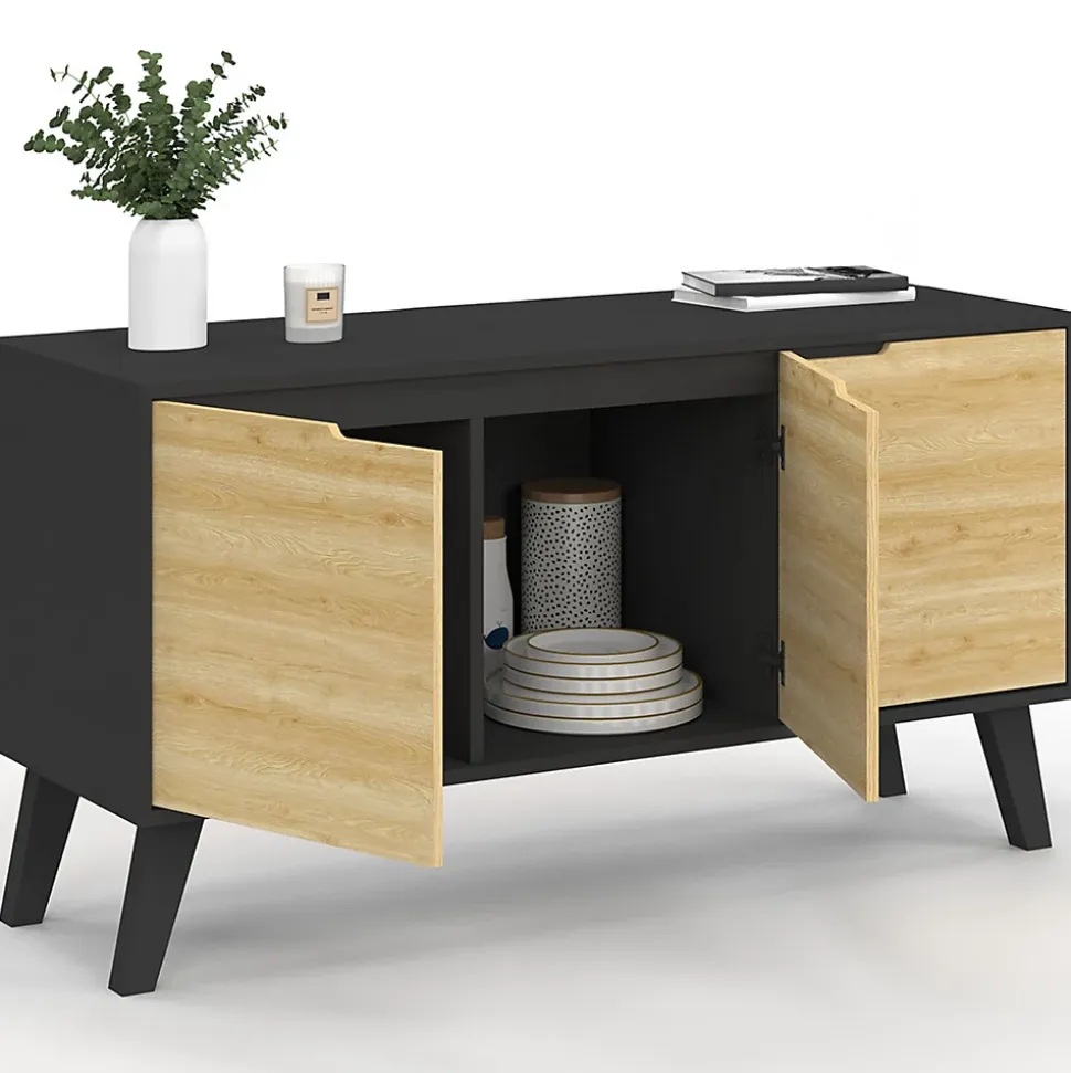 Buffet bas scandinave 113 cm FINN 3 portes noir et bois façon hêtre