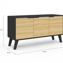 Buffet bas scandinave 113 cm FINN 3 portes noir et bois façon hêtre