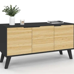 Buffet bas scandinave 113 cm FINN 3 portes noir et bois façon hêtre