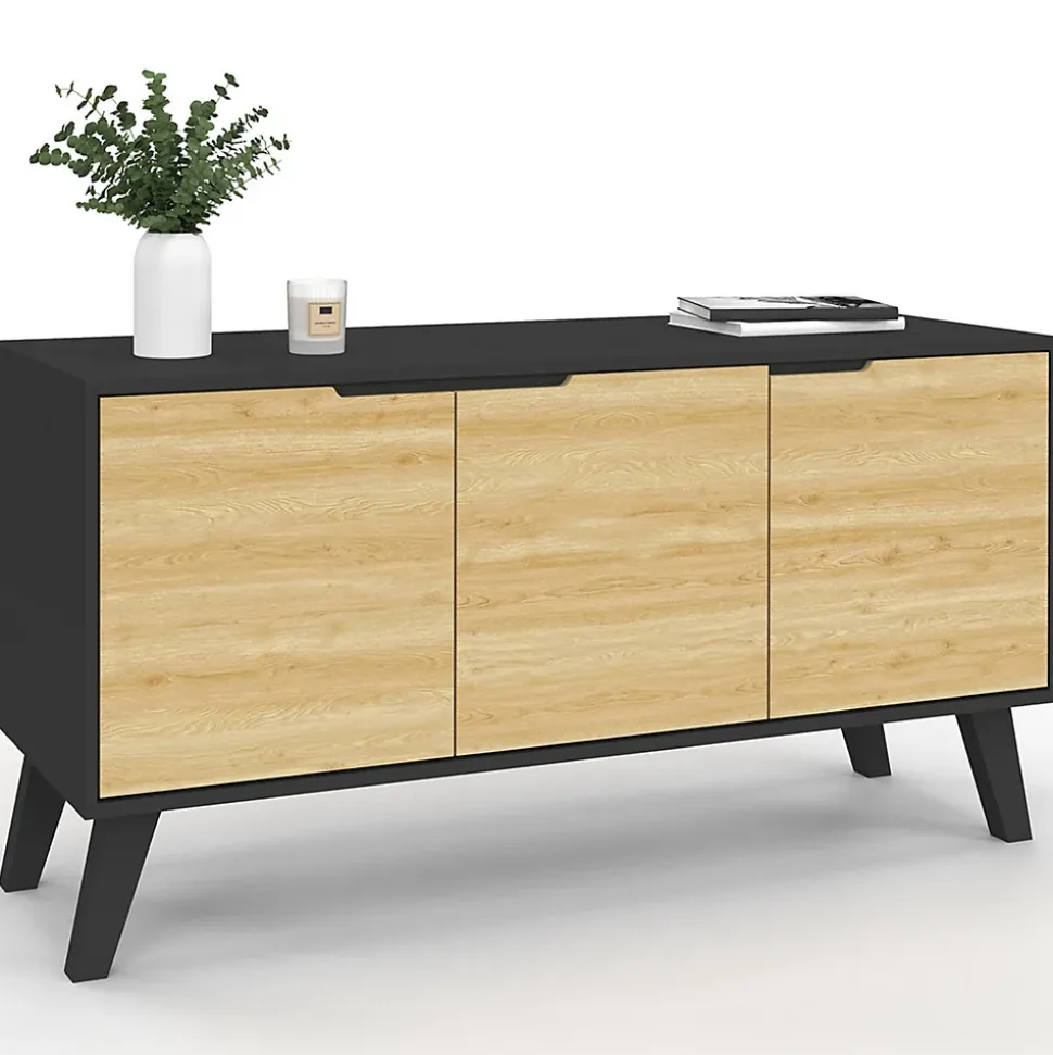 Buffet bas scandinave 113 cm FINN 3 portes noir et bois façon hêtre