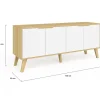 Buffet bas scandinave 140 cm FINN 4 portes blanc et bois façon hêtre