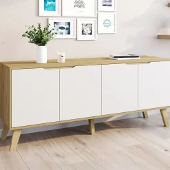 Buffet bas scandinave 140 cm FINN 4 portes blanc et bois façon hêtre