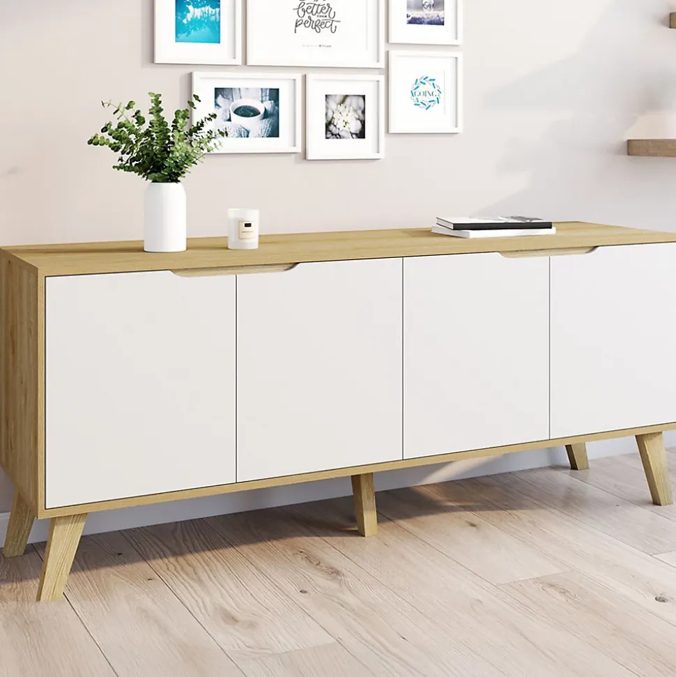 Buffet bas scandinave 140 cm FINN 4 portes blanc et bois façon hêtre