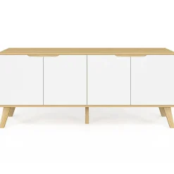 Buffet bas scandinave 140 cm FINN 4 portes blanc et bois façon hêtre