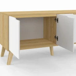 Buffet bas scandinave 140 cm FINN 4 portes blanc et bois façon hêtre