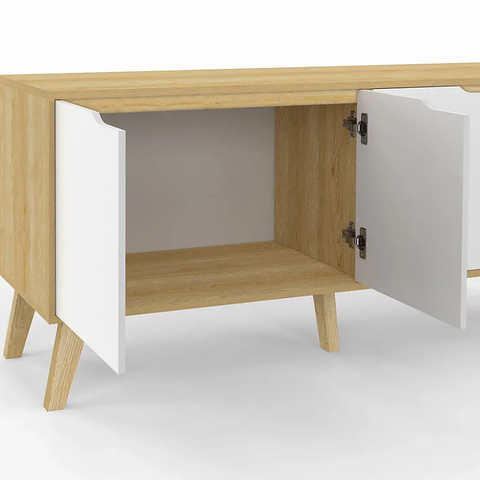 Buffet bas scandinave 140 cm FINN 4 portes blanc et bois façon hêtre