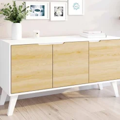 Buffet bas scandinave 113 cm FINN 3 portes blanc et bois façon hêtre