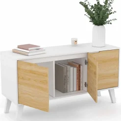 Buffet bas scandinave 113 cm FINN 3 portes blanc et bois façon hêtre
