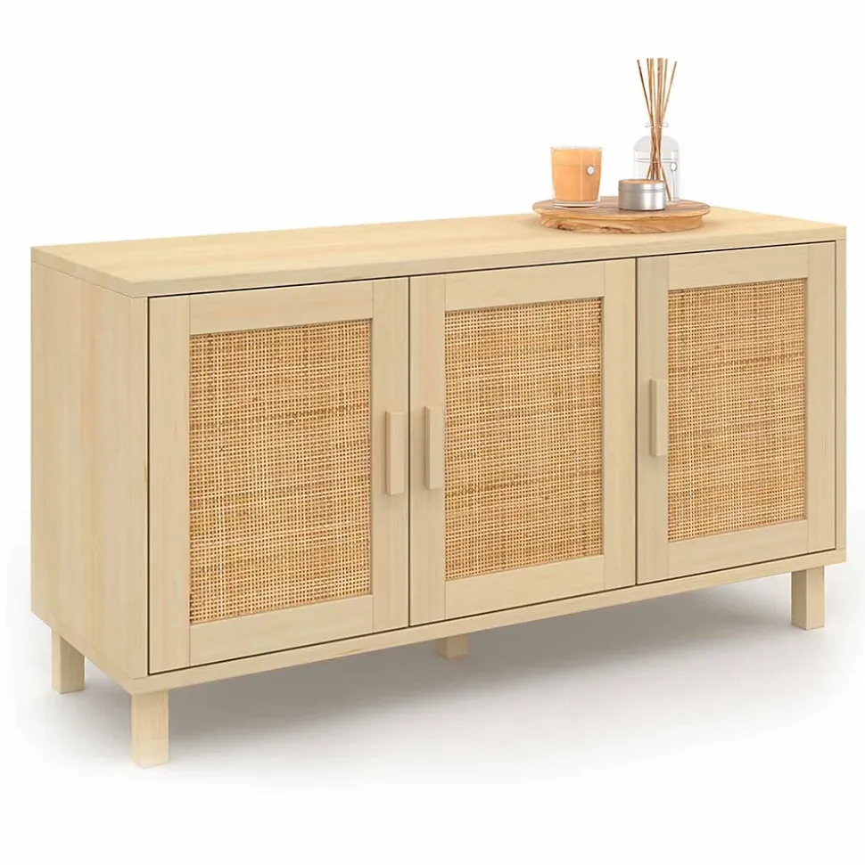 Buffet bas vintage 113 cm ELIN 3 portes effet naturel cannage