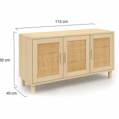 Buffet bas vintage 113 cm ELIN 3 portes effet naturel cannage