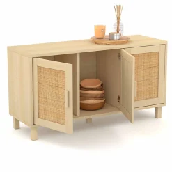 Buffet bas vintage 113 cm ELIN 3 portes effet naturel cannage