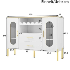Buffet blanc avec portes vitrées et casier à vin, pieds réglables, grand rangement, design moderne, idéal salon et salle à manger