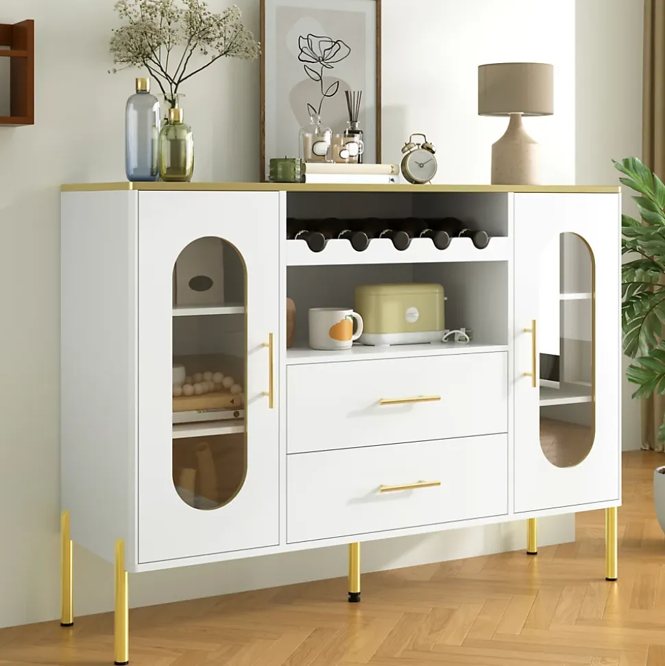 Buffet blanc avec portes vitrées et casier à vin, pieds réglables, grand rangement, design moderne, idéal salon et salle à manger