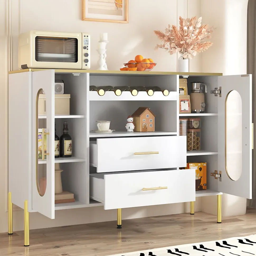 Buffet blanc avec portes vitrées et casier à vin, pieds réglables, grand rangement, design moderne, idéal salon et salle à manger