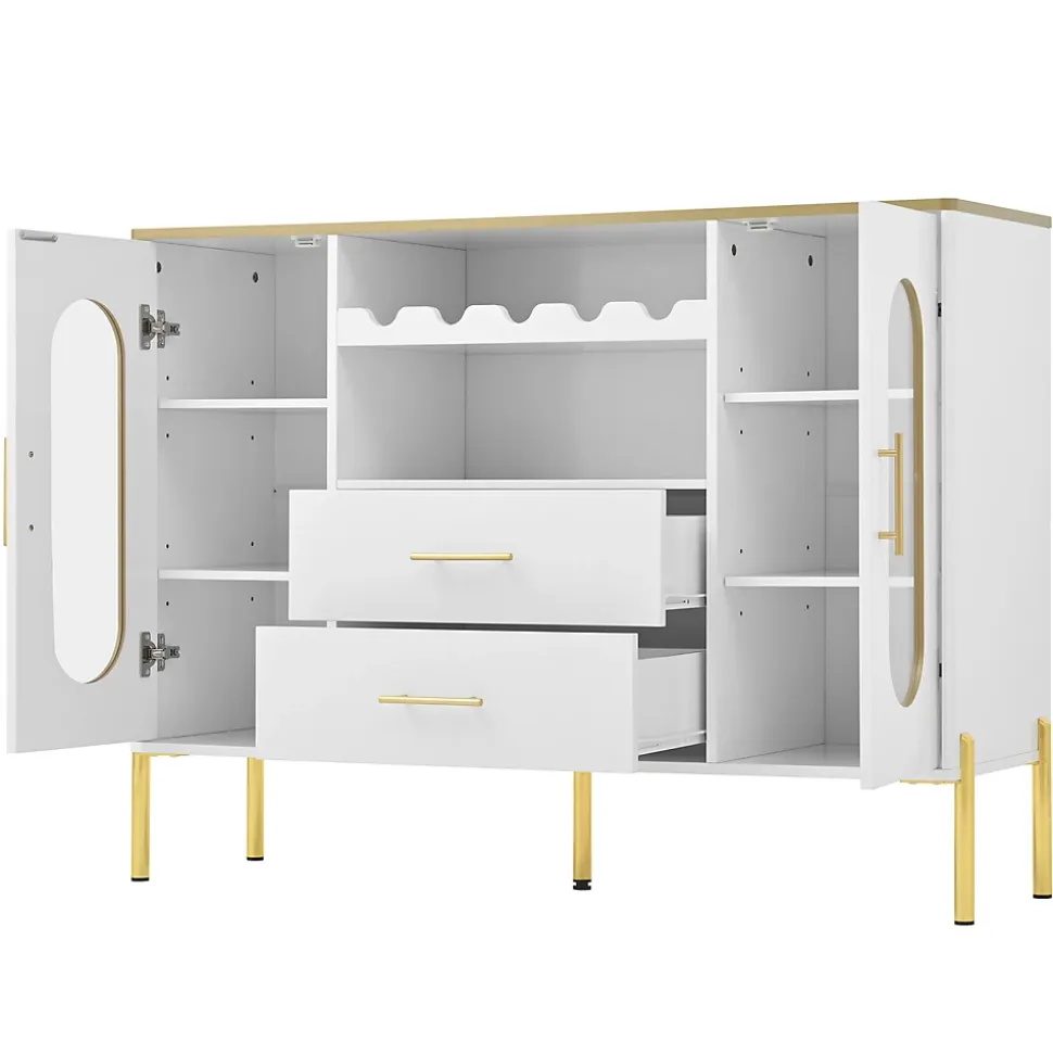 Buffet blanc avec portes vitrées et casier à vin, pieds réglables, grand rangement, design moderne, idéal salon et salle à manger
