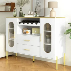 Buffet blanc avec portes vitrées et casier à vin, pieds réglables, grand rangement, design moderne, idéal salon et salle à manger