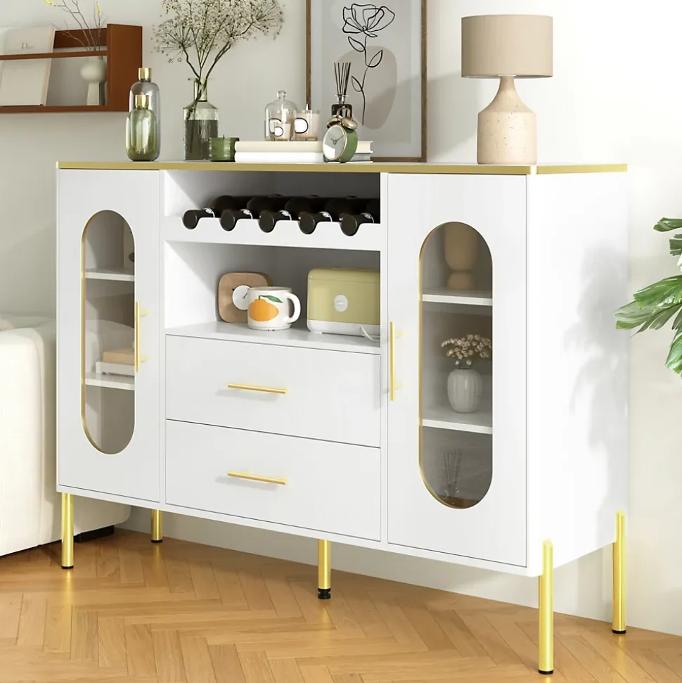 Buffet blanc avec portes vitrées et casier à vin, pieds réglables, grand rangement, design moderne, idéal salon et salle à manger