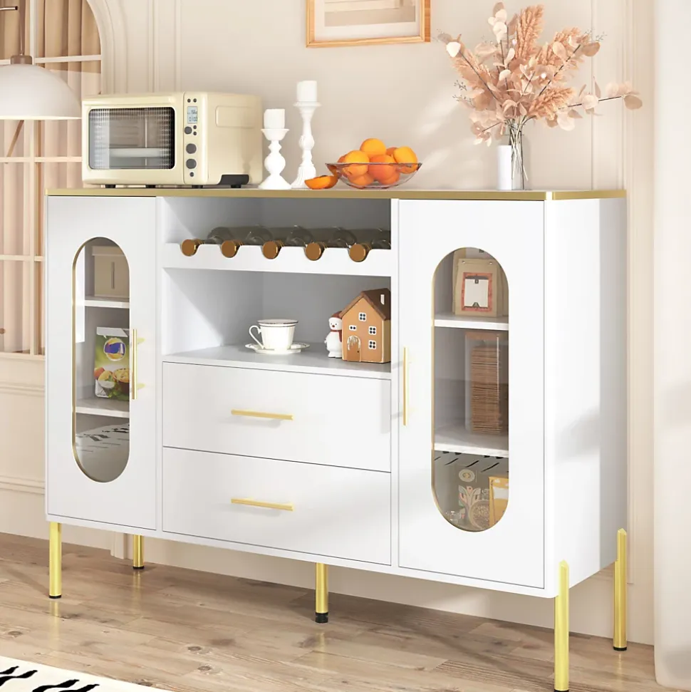 Buffet blanc avec portes vitrées et casier à vin, pieds réglables, grand rangement, design moderne, idéal salon et salle à manger