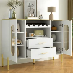 Buffet blanc avec portes vitrées et casier à vin, pieds réglables, grand rangement, design moderne, idéal salon et salle à manger