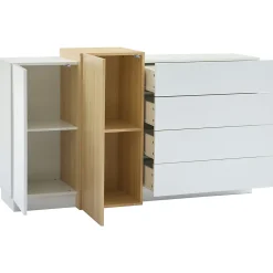 Buffet Blanc Brillant avec 4 Tiroirs et 2 Portes - Meuble de Rangement Moderne pour Cuisine, Salon, MDF, 149x37,5x87 cm