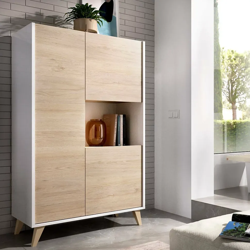 Buffet Boario, Buffet de salon haut, Buffet de salon moderne avec 3 portes, 81x43h135 cm, Chêne et Blanc