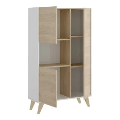 Buffet Boario, Buffet de salon haut, Buffet de salon moderne avec 3 portes, 81x43h135 cm, Chêne et Blanc