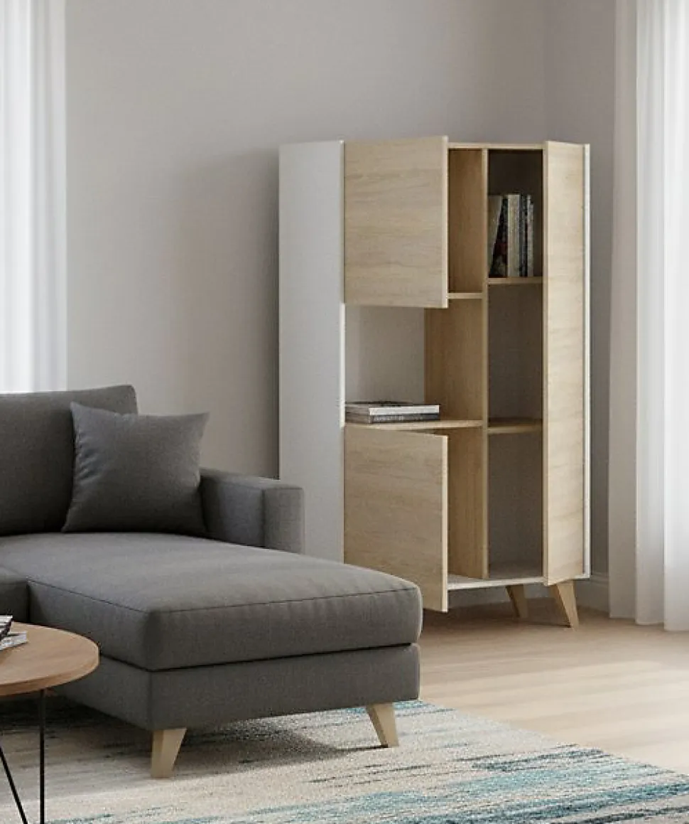Buffet Boario, Buffet de salon haut, Buffet de salon moderne avec 3 portes, 81x43h135 cm, Chêne et Blanc