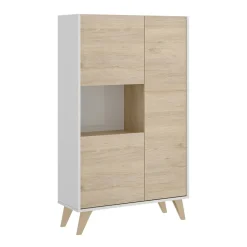Buffet Boario, Buffet de salon haut, Buffet de salon moderne avec 3 portes, 81x43h135 cm, Chêne et Blanc