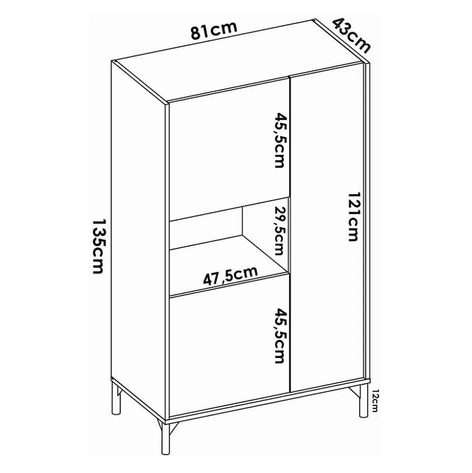 Buffet Boario, Buffet de salon haut, Buffet de salon moderne avec 3 portes, 81x43h135 cm, Chêne et Blanc
