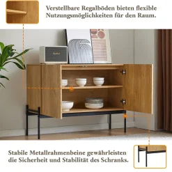 Buffet Bois Avec Portes - Rangement Moderne Avec Pieds Métal Et Façade Rainurée, Entrée Ou Salon, L100 x P40 x H75 Cm, Naturel