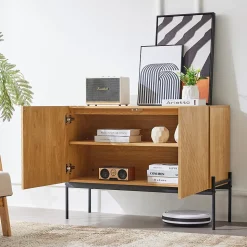 Buffet Bois Avec Portes - Rangement Moderne Avec Pieds Métal Et Façade Rainurée, Entrée Ou Salon, L100 x P40 x H75 Cm, Naturel