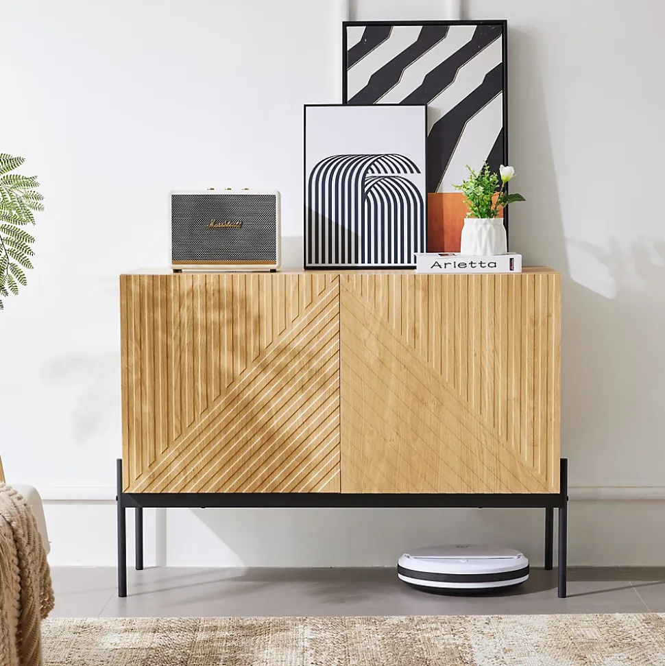 Buffet Bois Avec Portes - Rangement Moderne Avec Pieds Métal Et Façade Rainurée, Entrée Ou Salon, L100 x P40 x H75 Cm, Naturel