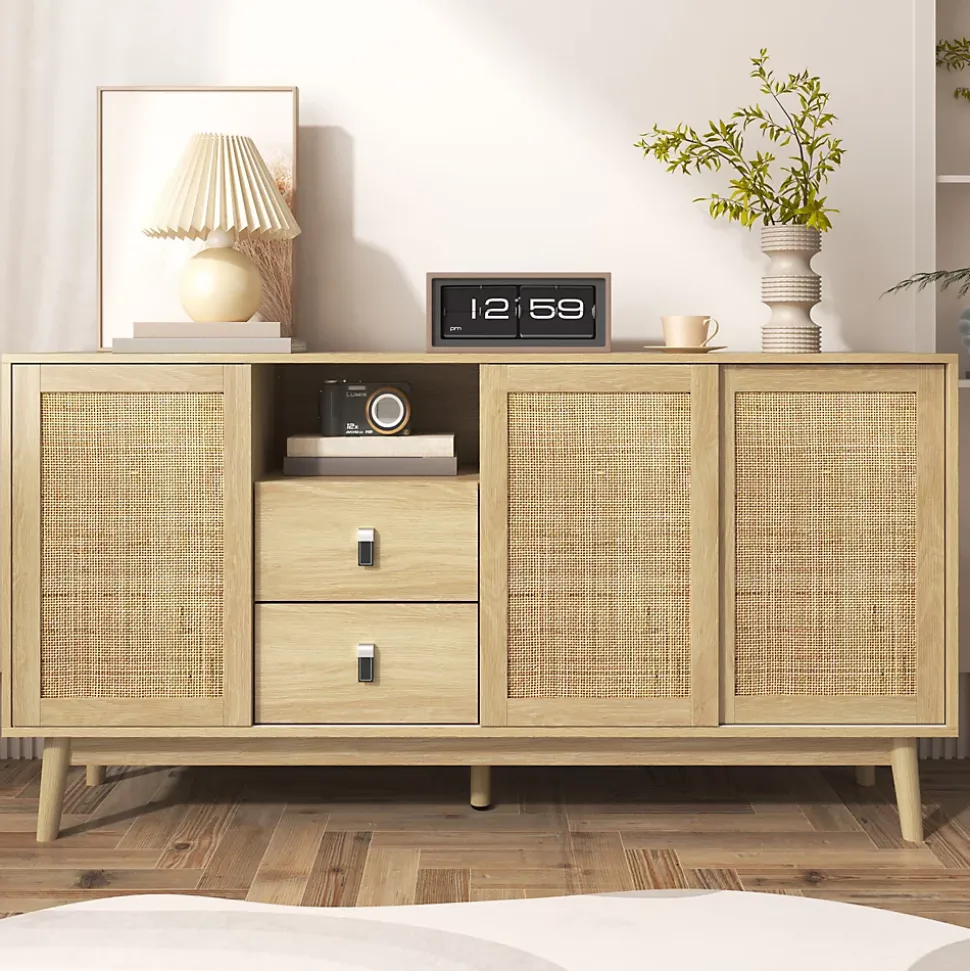 Buffet Cannage avec 3 Portes Coulissantes et 2 Tiroirs pour Salon et Salle à Manger - 155 x 38 x 80 cm - MDF