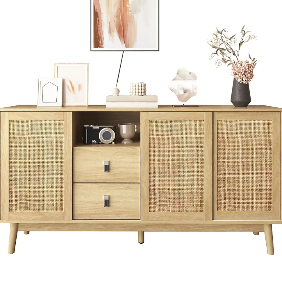 Buffet Cannage avec 3 Portes Coulissantes et 2 Tiroirs pour Salon et Salle à Manger - 155 x 38 x 80 cm - MDF