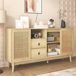 Buffet Cannage avec 3 Portes Coulissantes et 2 Tiroirs pour Salon et Salle à Manger - 155 x 38 x 80 cm - MDF