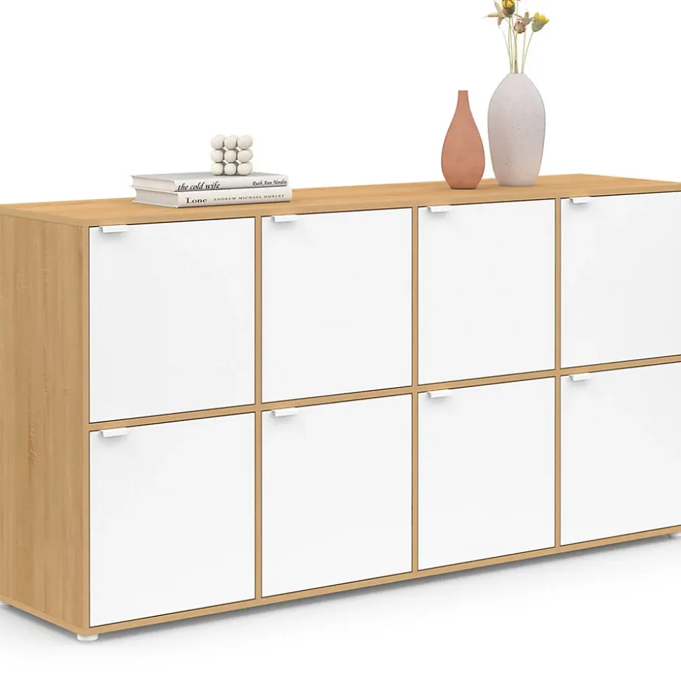 Buffet casier 139 cm CASSIE 8 portes blanc et bois
