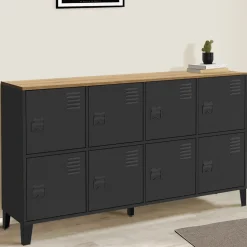Buffet casier 139 cm ESTER 8 portes en métal noir plateau bois design industriel