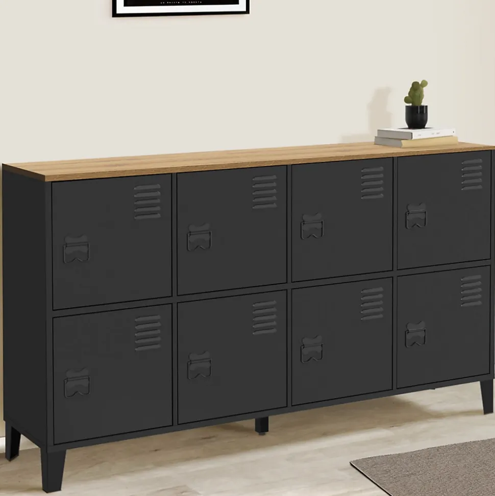 Buffet casier 139 cm ESTER 8 portes en métal noir plateau bois design industriel