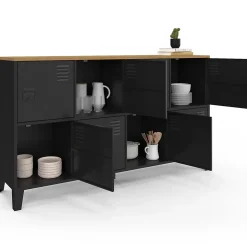 Buffet casier 139 cm ESTER 8 portes en métal noir plateau bois design industriel