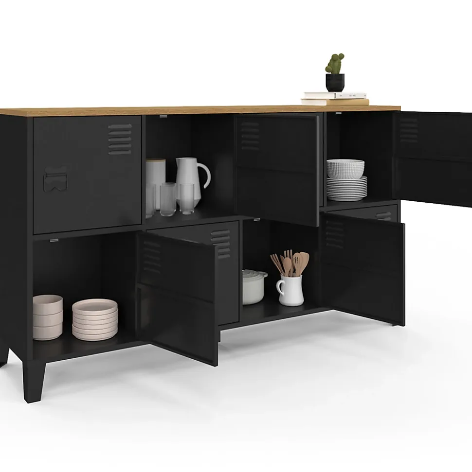 Buffet casier 139 cm ESTER 8 portes en métal noir plateau bois design industriel