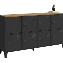 Buffet casier 139 cm ESTER 8 portes en métal noir plateau bois design industriel