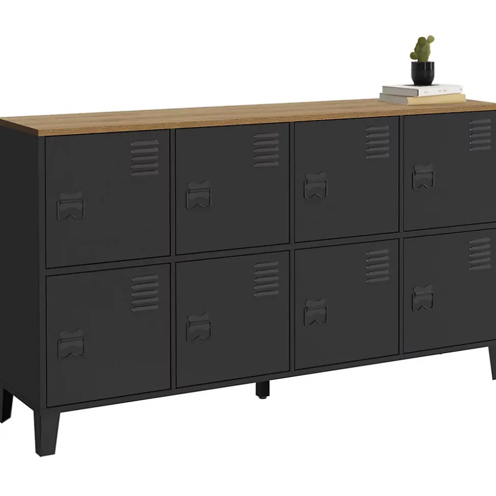 Buffet casier 139 cm ESTER 8 portes en métal noir plateau bois design industriel