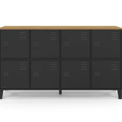 Buffet casier 139 cm ESTER 8 portes en métal noir plateau bois design industriel